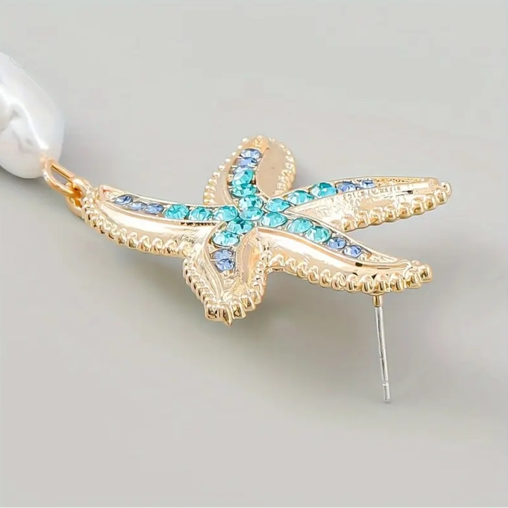 Gold Starfish Earrings with Blue Rhinestones & Pearl Drop NEW NWT Coastal - Picture 3 of 4